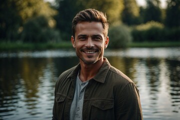 Fototapeta premium Man with an Ideal Facial Structure and a Gentle Friendly Smile, Standing Before a Water Body Against a Natural Background