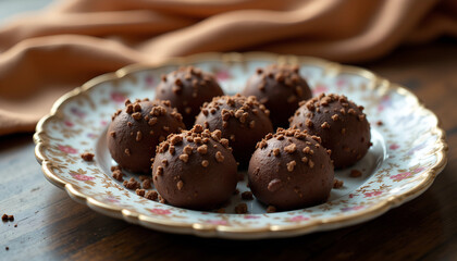 Delicious homemade chocolate truffles on a vintage plate celebrate Chocolate Day with elegance and sweetness