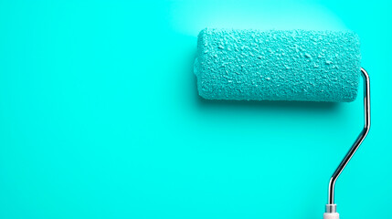 Obraz premium Paint roller applying blue paint to a white wall.