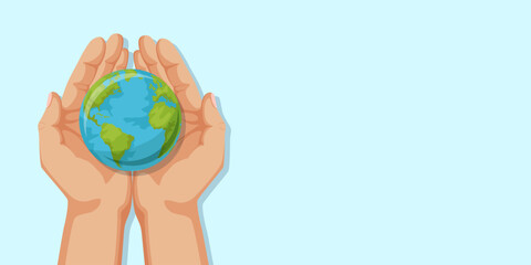 Two hands gently holding a globe against a light blue background, emphasizing care for the Earth. Vector illustration