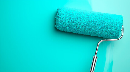 Obraz premium Paint roller applying blue paint to a white wall.