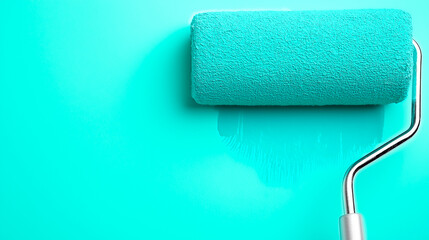 Fototapeta premium Paint roller applying blue paint to a white wall.