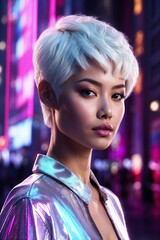 Massive Holographic Projection of a Stylish Asian Woman's Face with Short White Hair on the Facade of a Skyscraper in a Neon-Lit Metropolis