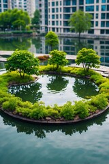 Fototapeta premium Small Round Island in an Urban Pond, Covered with Trees and Green Vegetation. Ecological Oasis: Round Island with Trees and Greenery