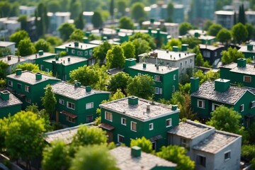 Obraz premium Green Trees and Plants on Rooftops in the Metropolis: Multi-Level Urban Greening and Ecological Initiative