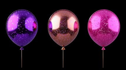 Three shiny, metallic balloons in purple, rose gold, and pink, each with small glitter particles, float against a black background