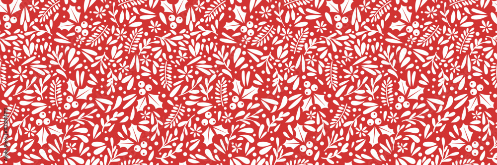 Poster holly ilex winter foliage vector pattern, red and white festive holiday seamless repeating border, c