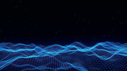 Futuristic point wave of particles. Visualization of sound waves. Dark background. Technology or science banner. Abstract digital 3D wave. Vector illustration.