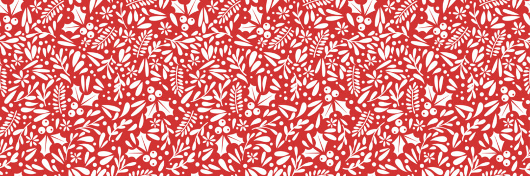 Holly ilex winter foliage vector pattern, red and white festive holiday seamless repeating border, Christmas horizontal background print design