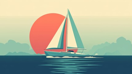 Naklejka premium Sailboat at Sunset - A Minimalist Seascape. Flat Minimalist Illustration.