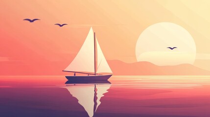 Sailboat at Sunset. Flat Minimalist Illustration.