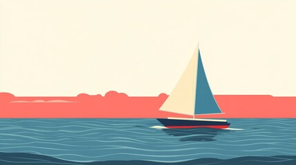 Fototapeta premium Sailing Towards a Pink Sunset. Flat Minimalist Illustration.