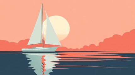 Fototapeta premium Sailing at Sunset in a Minimalist Style. Flat Minimalist Illustration.