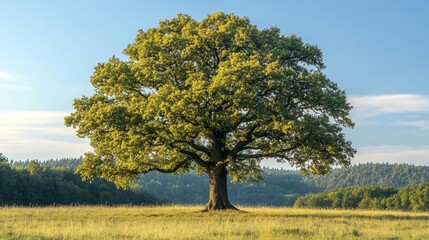 A lone oak tree stands tall in a field, bathed in the warm light of a summer afternoon.
