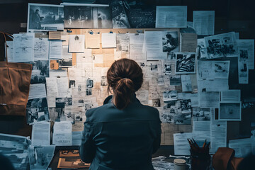 Investigator analyzing a complex evidence board filled with documents, photos, and notes, creating a cinematic mystery scene perfect for crime-solving, storytelling, and detective themes