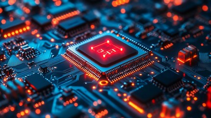 Fototapeta premium Close-up of a glowing CPU on a circuit board.