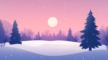 Snowy Winter Landscape with Pink Sky. Flat Minimalist Illustration.