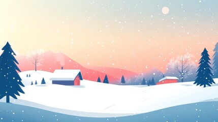 Snowy Winter Landscape with Cabin and Mountains. Flat Minimalist Illustration.