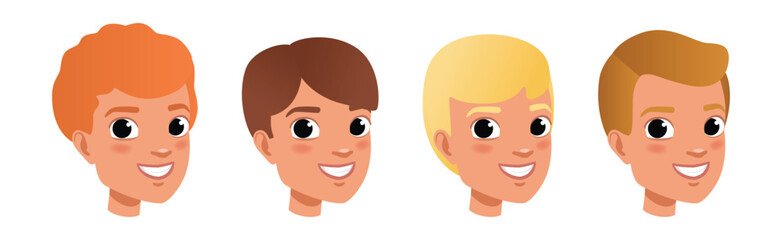 Young Man Smiling Face Head with Different Hairstyle Vector Set