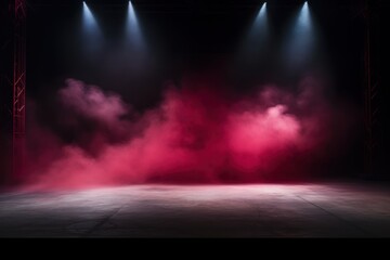 Obraz premium Dark stage shows, empty dark background with red and white spotlights, Studio room with smoke float up the interior texture for display products