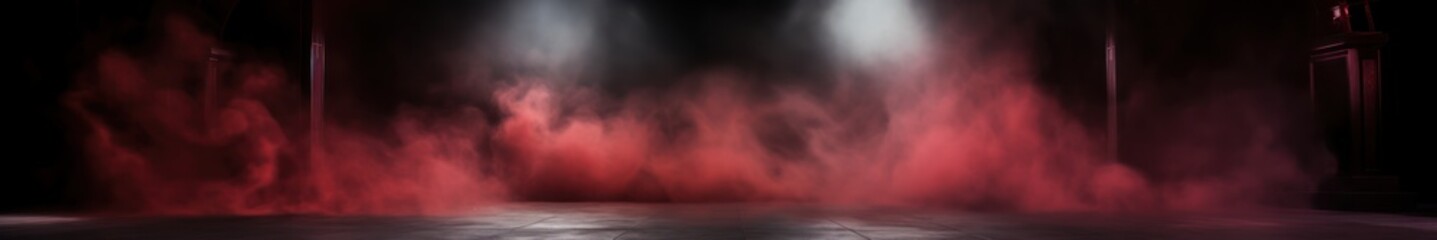 Dark stage shows, empty dark background with red and white spotlights, Studio room with smoke float up the interior texture for display products