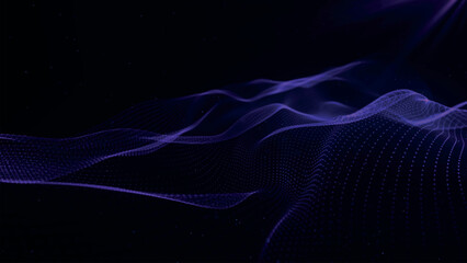 Futuristic point wave of particles. Visualization of sound waves. Dark background. Technology or science banner. Abstract digital 3D wave. Vector illustration.