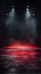 Dark stage shows, empty dark background with red and white spotlights, Studio room with smoke float up the interior texture for display products