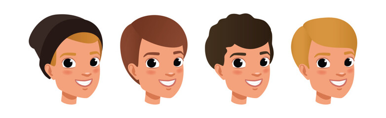 Young Man Smiling Face Head with Different Hairstyle Vector Set