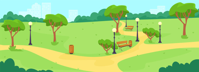 A vibrant park featuring benches, trees, and walking paths in sunny weather. Vector illustration