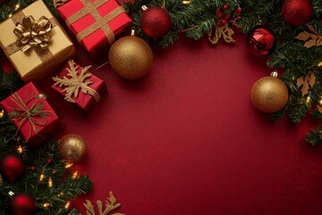 Festive Holiday Arrangement with Gifts and Ornaments on Red Background