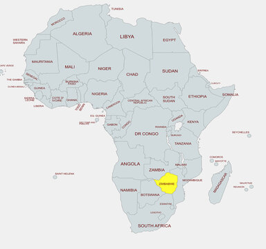 Political map of Africa with Zimbabwe highlighted, showing country borders and names.-01-01-01