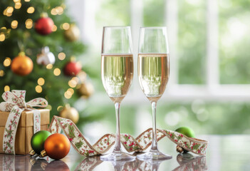 Two glasses of champagne and christmas decoration on table in living room