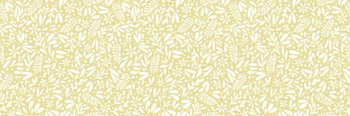 Vintage flower print vector background, cute ditsy floral banner, seamless repeating pattern, yellow and white design