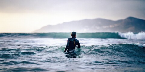 Naklejka premium urfer Facing Ocean Waves with Distant Hills