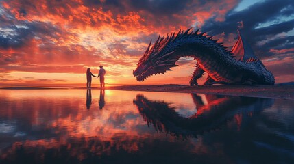 Fototapeta premium A couple stands on a beach at sunset, a dragon watches them.