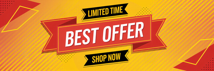 Vibrant Red and Yellow 'Limited Time Best Offer' Banner with Geometric Accents and Bold Typography on Diagonal Striped Background