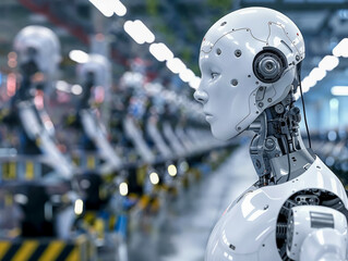 White humanoid robot standing on assembly line in factory