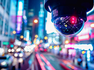 Security camera monitoring busy city street at night with light trails