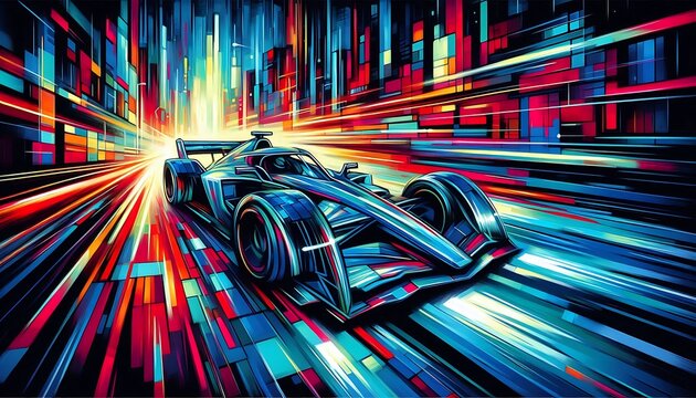 A futuristic race car speeding through a neon-lit city using vibrant colors, in a cubist painting style, abstract art illustration.