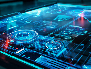 Futuristic control panel displaying complex data in holographic interface