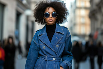 Obraz premium Stylish woman in a denim trench coat with oversized lapels, walking confidently through a busy urban street.