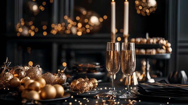 Dos copas de champ&aacute;n en la messa por navidad, a&ntilde;o nuevo, celebraci&oacute;n