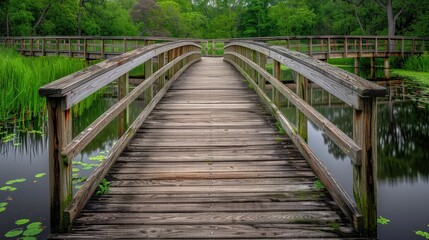Fototapeta premium A wooden bridge spans a body of water