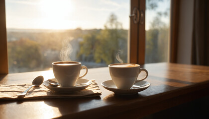 Cozy Morning Coffee on Sunlit Wooden Table with Soft Warm Reflections by a Large Window