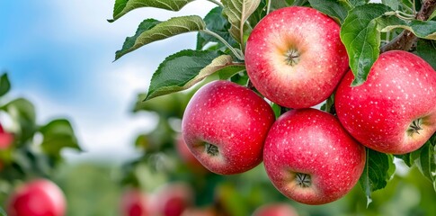 Farm with apple trees and branch with apples. Concept of organic, local, season fruits and harvesting. Stock technology.