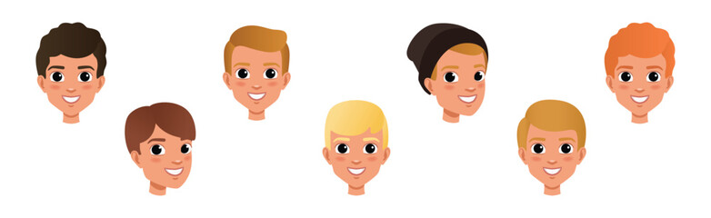 Young Man Smiling Face Head with Different Hairstyle Vector Set