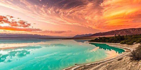 Fototapeta premium Ethereal Sunset Over a Turquoise Mirror A Panoramic View of Vibrant Skies, Whispering Clouds, and a Serene, Remote Shoreline V4