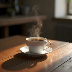 Fototapeta premium A steaming cup of coffee sits on a notebook beside a notepad and pen in a bright workspace during the morning hours