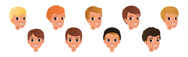 Young Man Smiling Face Head with Different Hairstyle Vector Set