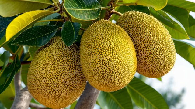 Three ripe jackfruit hang from a tree branch